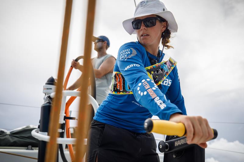 Leg 4, Melbourne to Hong Kong, day 12, birthday girl Hannah `Splashy` Diamond on the pedastal after turning 28 years old on board Vestas 11th Hour photo copyright Amory Ross / Volvo Ocean Race taken at  and featuring the Volvo One-Design class