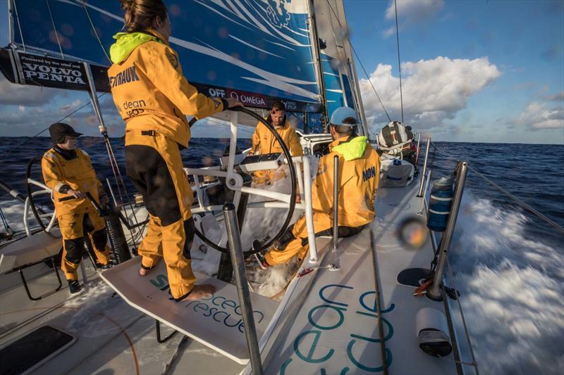 Leg 4, Melbourne to Hong Kong, Day 14 onboard Turn the Tide on Plastic. Elodie Mettraux driving on te sunrise watch. - photo © Brian Carlin / Volvo Ocean Race