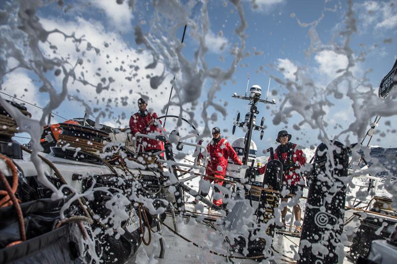 Leg 4, Melbourne to Hong Kong, day 14 Alex Gough on the wheel, Ben Piggott and Annemieke Bes on board Sun Hung Kai / Scallywag photo copyright Konrad Frost / Volvo Ocean Race taken at  and featuring the Volvo One-Design class