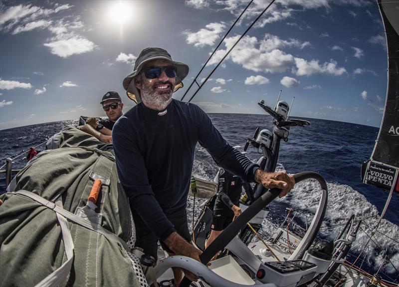 Leg 4, Melbourne to Hong Kong, day 15 Big smile on Grant Wharingtons face as the miles tick by and the lead remains on board Sun Hung Kai / Scallywag. - photo © Konrad Frost / Volvo Ocean Race