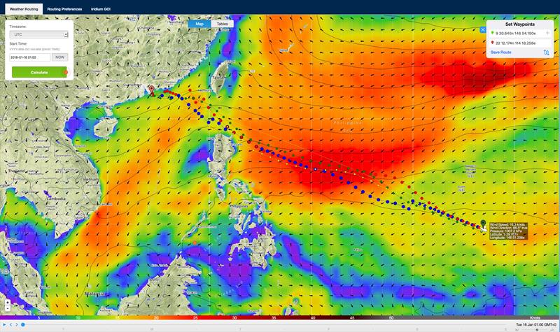 Routing as at 0100 Sjked on January 16, 2018 for Team AkzoNobel showing gybes to get south on some routes photo copyright Predictwind taken at  and featuring the Volvo One-Design class