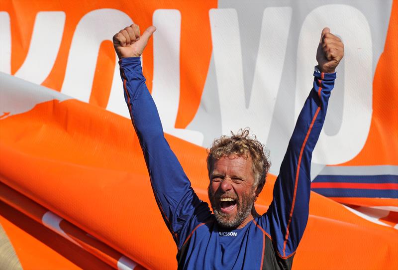 Magnus Olsson (SWE)  celebrates finishing  first into Rio de Janeiro on leg 5 of the Volvo Ocean Race,crossing the line at 10:37:57 GMT 26 / 03 / 09,after 41 days at sea photo copyright Rick Tomlinson / Volvo Ocean Race taken at  and featuring the Volvo 70 class