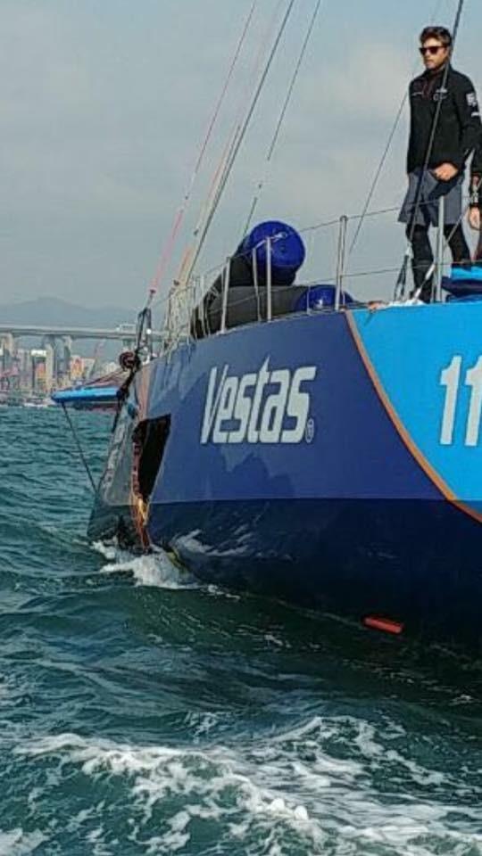 Damage to port side of Vestas 11th Hour after a collision with a fishing boat 30nm from the finish of Leg 4 photo copyright Alex Haworth taken at  and featuring the Volvo One-Design class