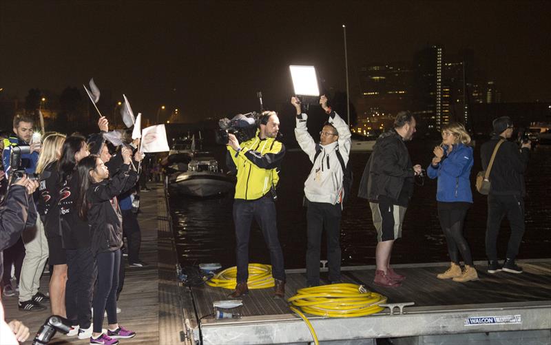 VOR 2017-18 leg 4 finish in Hong Kong. SHK Scallywag supporters on the dock photo copyright Guy Nowell taken at  and featuring the Volvo One-Design class