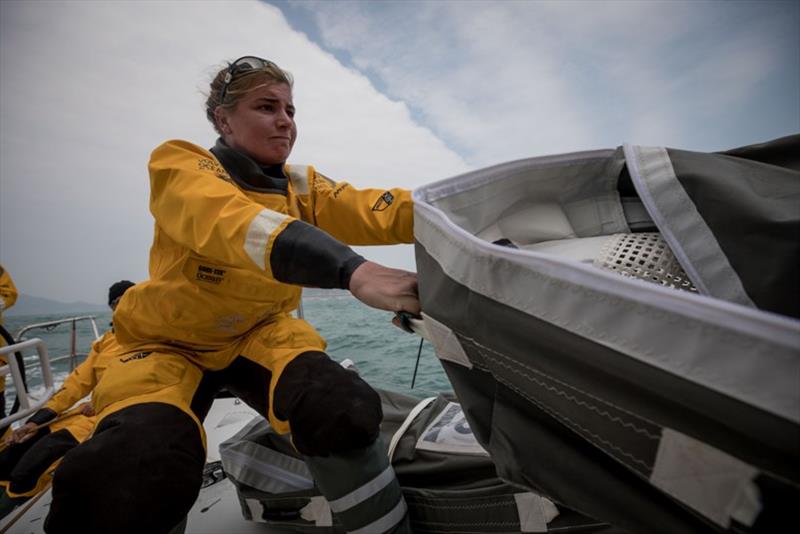 Volvo Ocean Race Leg 6 to Auckland, day 1 on board Turn the Tide on Plastic. Bianca Cook stacking on the way out. - photo © James Blake / Volvo Ocean Race