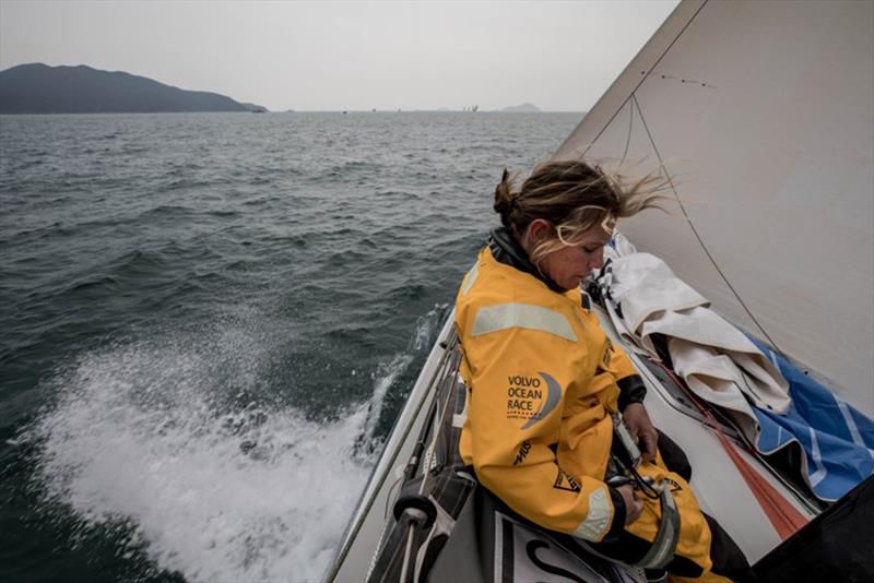 Volvo Ocean Race Leg 6 to Auckland, day 1 on board Turn the Tide on Plastic. Liz Wardley on the bow with the other boats on the horizon - photo © James Blake / Volvo Ocean Race