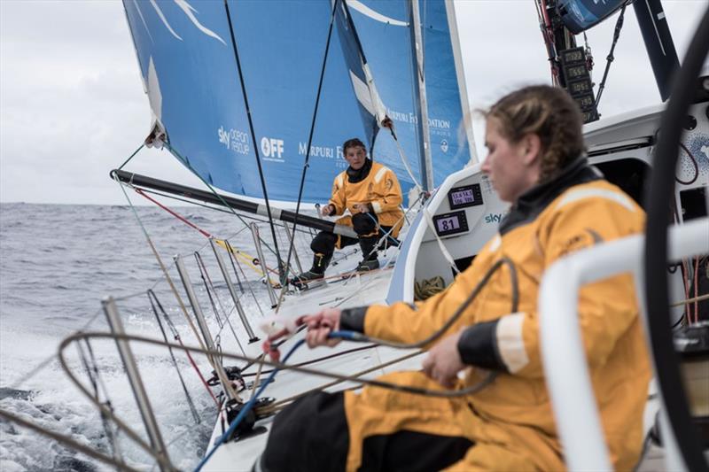 Volvo Ocean Race Leg 6 to Auckland, day 4 on board Turn the Tide on Plastic. Liz Wardley and Bianca Cook rigging up some new sheets. 10 February photo copyright James Blake / Volvo Ocean Race taken at  and featuring the Volvo One-Design class