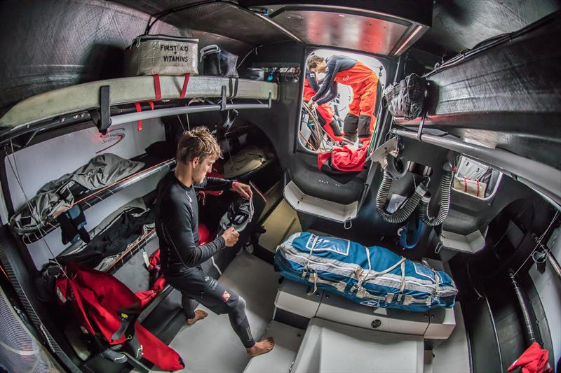 Leg 6 to Auckland, day 04 on board Sun hung Kai / Scallywag. Alex Gough preparing to get out while Antonio Fontes is packing sheets outside. 10 February,  2018. - photo © Jeremie Lecaudey / Volvo Ocean Race