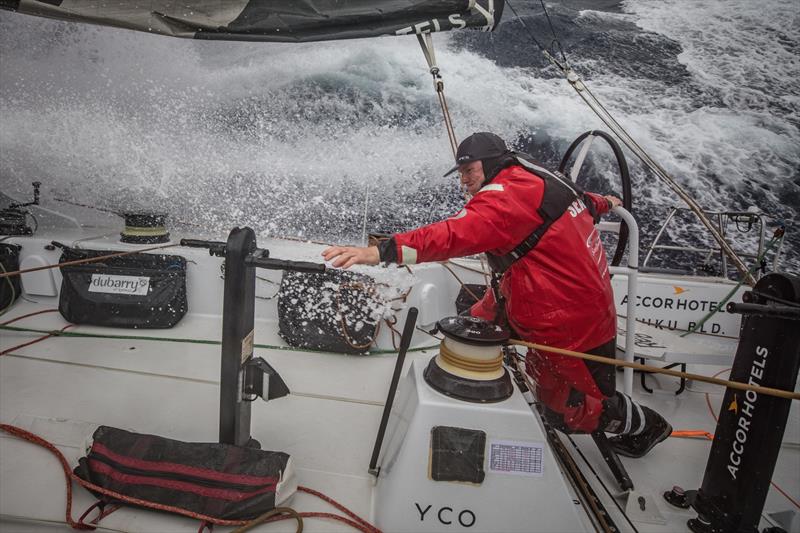 Leg 6 to Auckland, day 05 on board Sun hung Kai / Scallywag. Trystan Seal making his way to the front pedestral to trim on the J1. 11 February,  2018 photo copyright Jeremie Lecaudey / Volvo Ocean Race taken at  and featuring the Volvo One-Design class