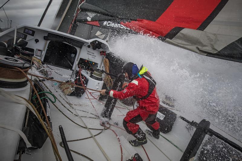 Leg 6 to Auckland, day 05 on board Sun hung Kai / Scallywag. Marcus Ashley-Jones making his way back inside. 11 February,  2018 photo copyright Jeremie Lecaudey / Volvo Ocean Race taken at  and featuring the Volvo One-Design class