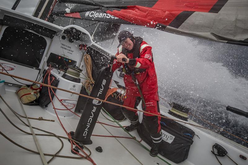 Leg 6 to Auckland, day 05 on board Sun hung Kai / Scallywag. Trystan Seal grinding under water. 11 February,  2018 - photo © Jeremie Lecaudey / Volvo Ocean Race