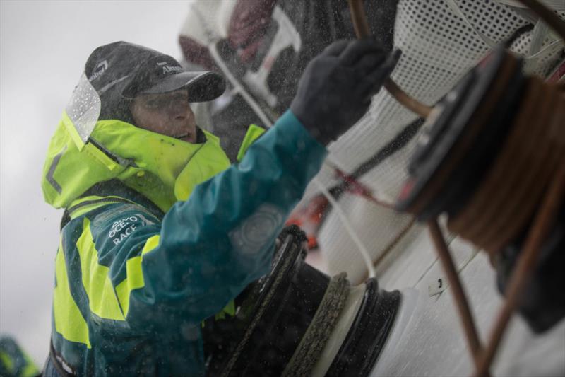 Leg 6 to Auckland, day 05 on board AkzoNobel. Cecile Laguette in action on very wet day. 11 February,  photo copyright Rich Edwards / Volvo Ocean Race taken at  and featuring the Volvo One-Design class