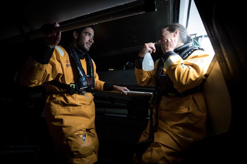 Leg 6 to Auckland, day 5 on board Turn the Tide on Plastic. Bernado Freitas waiting for the fresh water spray from Francesca Clapcich- A luxury onboard.11 February,  photo copyright James Blake / Volvo Ocean Race taken at  and featuring the Volvo One-Design class