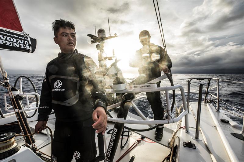 Leg 6 to Auckland, Day 6 on board Dongfeng. Strong reaching condition heading south. Black trimming the main while Kevin Escoffier is driving. 12 February,  2018 - photo © Martin Keruzore / Volvo Ocean Race