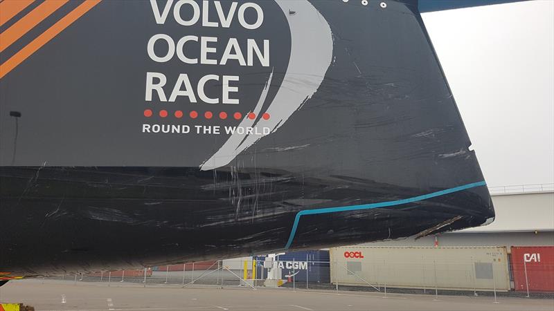 Vestas 11th Hour Racing unloaded and waiting to start the trip to Auckland for repair ahead of the start of Leg 7 of the Volvo Ocean Race on March 18, 2018 - photo © Facebook.com