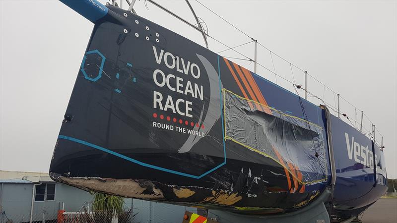 Vestas 11th Hour Racing unloaded and waiting to start the trip to Auckland for repair ahead of the start of Leg 7 of the Volvo Ocean Race on March 18, 2018 - photo © Facebook.com