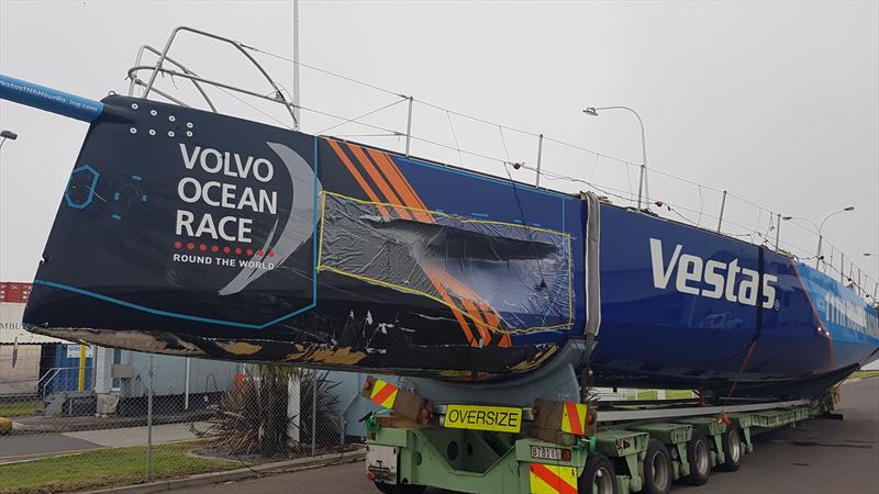 Vestas 11th Hour Racing unloaded and waiting to start the trip to Auckland for repair ahead of the start of Leg 7 of the Volvo Ocean Race on March 18, 2018 - photo © Facebook.com