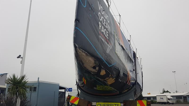 Vestas 11th Hour Racing unloaded and waiting to start the trip to Auckland for repair ahead of the start of Leg 7 of the Volvo Ocean Race on March 18, 2018 - photo © Facebook.com