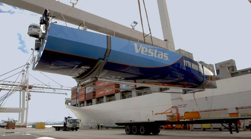 Vestas 11th Hour Racing being unloaded ahead of the start the trip to Auckland for repair ahead of the start of Leg 7 of the Volvo Ocean Race on March 18, 2018 photo copyright Vestas 11th Hour Racing taken at  and featuring the Volvo One-Design class