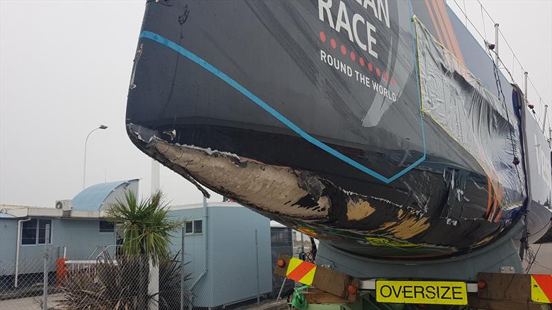 Vestas 11th Hour Racing unloaded and waiting to start the trip to Auckland for repair ahead of the start of Leg 7 of the Volvo Ocean Race on March 18, 2018 - photo © Facebook.com