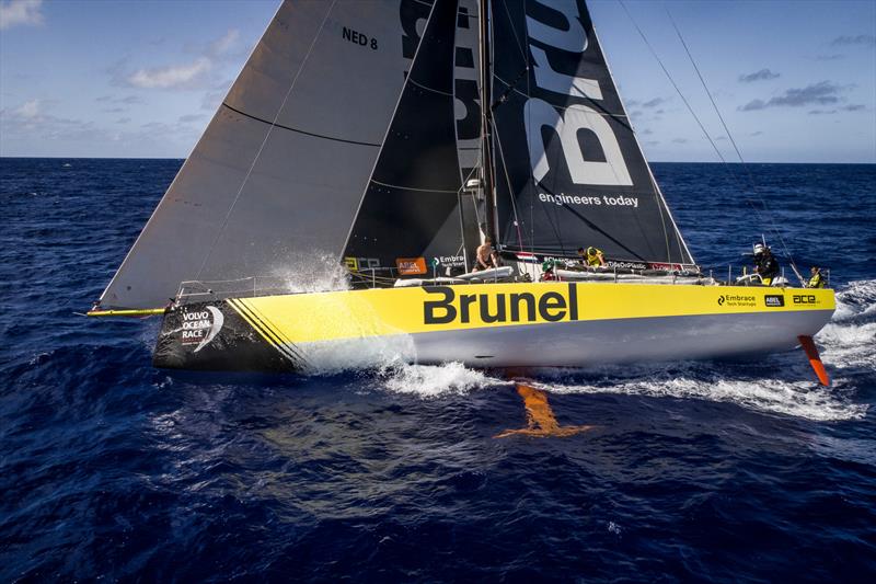 Leg 6 to Auckland, Day 7 on board Brunel. Sail change. Carlo Huisman. Kyle Langford. Drone. 13 February,  photo copyright Yann Riou / Volvo Ocean Race taken at  and featuring the Volvo One-Design class