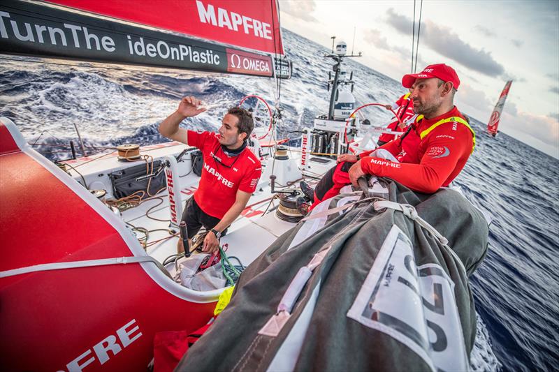 Leg 6 to Auckland, Day 7 on board MAPFRE, Blair Tuke talking with Xabi Fernandez on deck. 13 February,  photo copyright Ugo Fonolla / Volvo Ocean Race taken at  and featuring the Volvo One-Design class