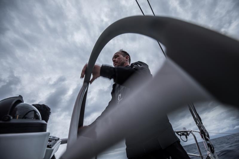 Volvo Ocean Race Leg 6 to Auckland, day 12 on board Dongfeng. Kevin Escoffier driving the wheel. 18 February photo copyright Martin Keruzore / Volvo Ocean Race taken at  and featuring the Volvo One-Design class