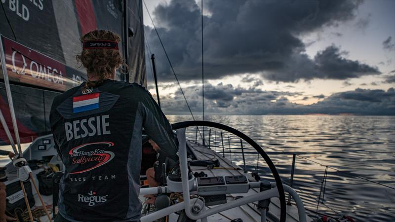 Leg 6 to Auckland, day 14 on board Sun hung Kai / Scallywag. Annemieke Bes in the conditions at sunrise: 2 knots of breeze. 20 February,  photo copyright Jeremie Lecaudey / Volvo Ocean Race taken at  and featuring the Volvo One-Design class