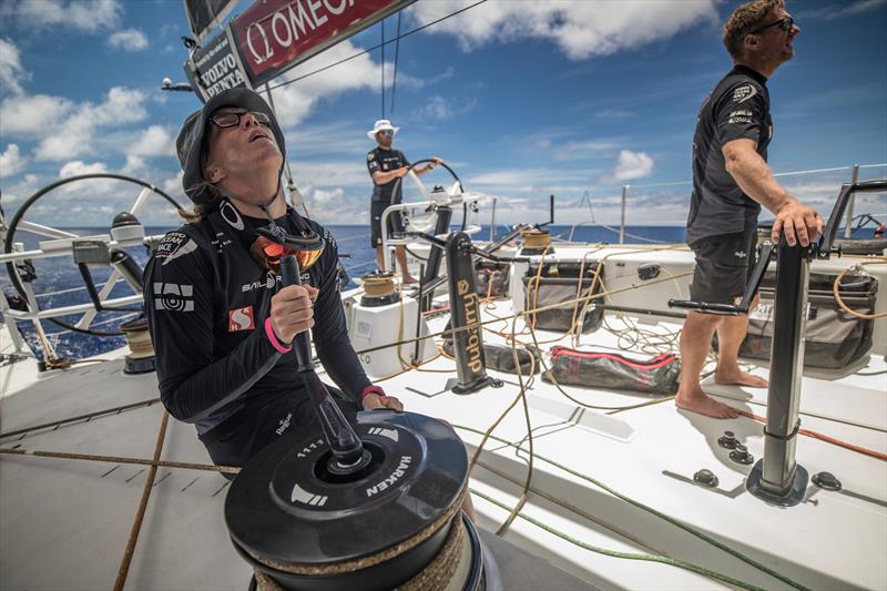 Leg 6 to Auckland, day 14 on board Sun hung Kai / Scallywag. It's all about the little adjustments in light winds, Annemieke Bes trimming the Mast Head Zero at its best. 21 February, . - photo © Jeremie Lecaudey / Volvo Ocean Race