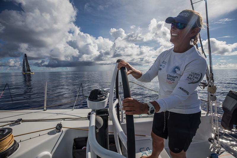 Leg 6 to Auckland, day 14 on board Turn the Tide on Plastic. Catching up to Brunel puts a smile on Skipper Dee's face. 20 February,  photo copyright James Blake / Volvo Ocean Race taken at  and featuring the Volvo One-Design class