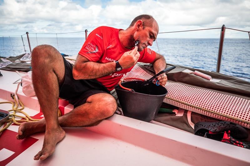 Volvo Ocean Race Leg 6 to Auckland, day 15 on board MAPFRE, Xabi Fernandez shaving his face. 21 February photo copyright Ugo Fonolla / Volvo Ocean Race taken at  and featuring the Volvo One-Design class