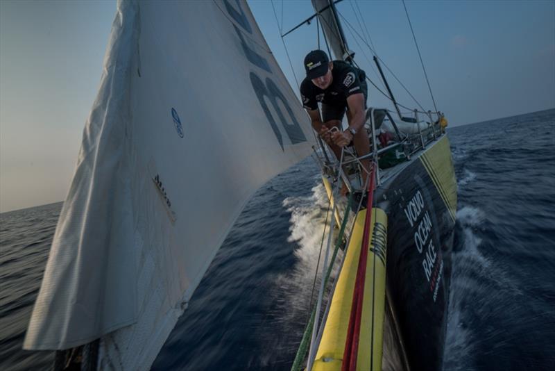 Volvo Ocean Race Leg 6 to Auckland, day 16 on board Brunel. 22 February. Kyle Langford on the bow. - photo © Yann Riou / Volvo Ocean Race