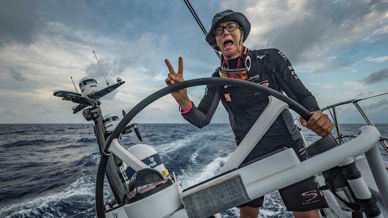 Leg 6 to Auckland, day 16 on board Sun hung Kai / Scallywag. Annemieke Bes happy about the last position report putting us in second place, 7.8 miles behind AkzoNobel. 23 February,  photo copyright Jeremie Lecaudey / Volvo Ocean Race taken at  and featuring the Volvo One-Design class
