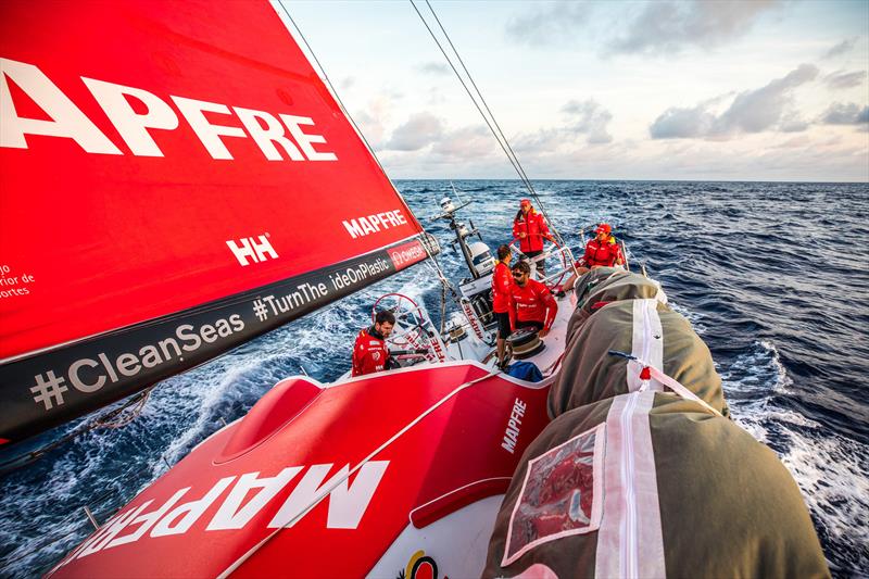 Leg 6 to Auckland, day 18 on board MAPFRE, sailing during the sunset, Louis, Pablo, Rob, Willy and Tamara on deck. 23 February, . - photo © Ugo Fonolla / Volvo Ocean Race