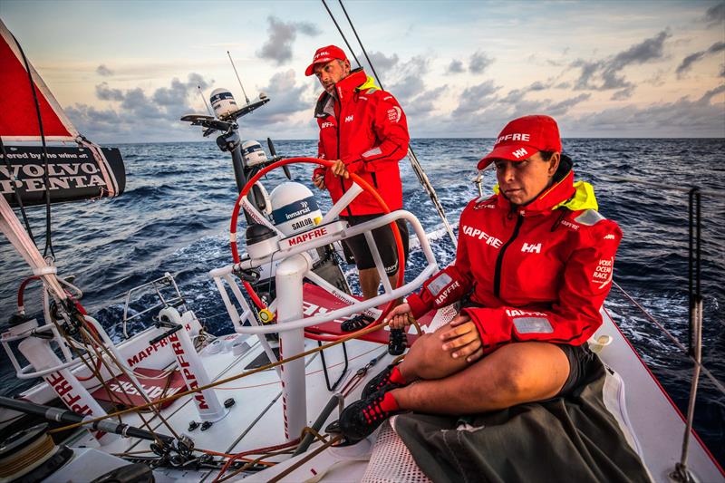 Leg 6 to Auckland, day 18 on board MAPFRE, sunrise, Rob Greenhalgh stearing and Tamara Echegoyen trimming the main sail. 23 February,  photo copyright Ugo Fonolla / Volvo Ocean Race taken at  and featuring the Volvo One-Design class