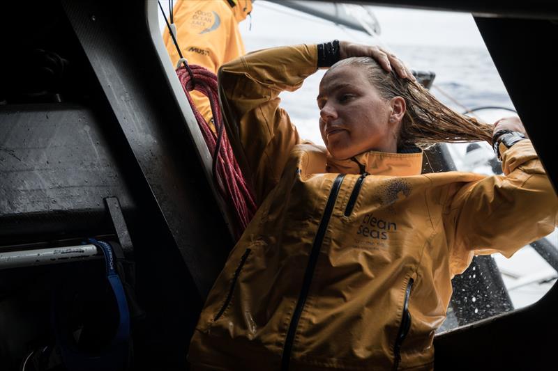 Leg 6 to Auckland, day 18 on board Turn the Tide on Plastic. Bianca Cook having a salt water shower. 24 February,  photo copyright James Blake / Volvo Ocean Race taken at  and featuring the Volvo One-Design class