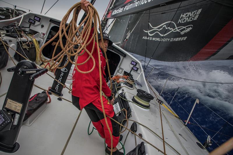 Leg 6 to Auckland, day 17 on board Sun hung Kai / Scallywag. Alex Gough poacking the sheets. 23 February,  photo copyright Jeremie Lecaudey / Volvo Ocean Race taken at  and featuring the Volvo One-Design class