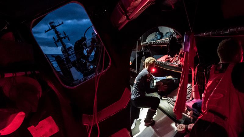 Leg 6 to Auckland, Day 20 on board Sun hung Kai / Scallywag. Inside out, Alex Gough stacking, John Fisher ready to grind outide. 27 February, . - photo © Jeremie Lecaudey / Volvo Ocean Race