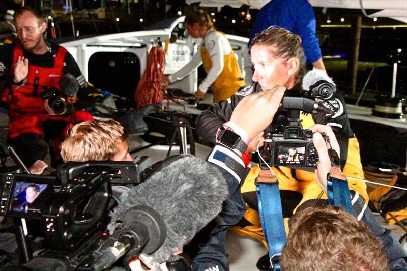 Fifth Placegetter Skipper Dee Caffari (GBR) interviewing, Volvo Ocean Race - Leg 6 Finish, Auckland, February 28, photo copyright Richard Gladwell taken at  and featuring the Volvo One-Design class