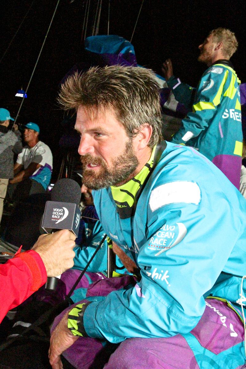 Team AzkoNobel Skipper Simeon Tienpont after winning Leg 6, Volvo Ocean Race - Leg 6 Finish, Auckland, February 28, photo copyright Richard Gladwell taken at  and featuring the Volvo One-Design class