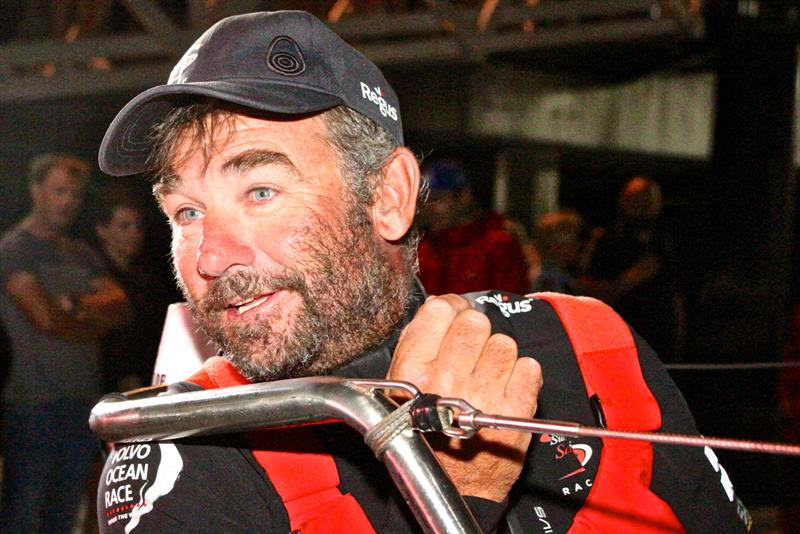 SHK Scallywag skipper David Witt being interviewed after placing second, Leg 6, Volvo Ocean Race - Leg 6 Finish, Auckland, February 28, photo copyright Richard Gladwell taken at  and featuring the Volvo One-Design class