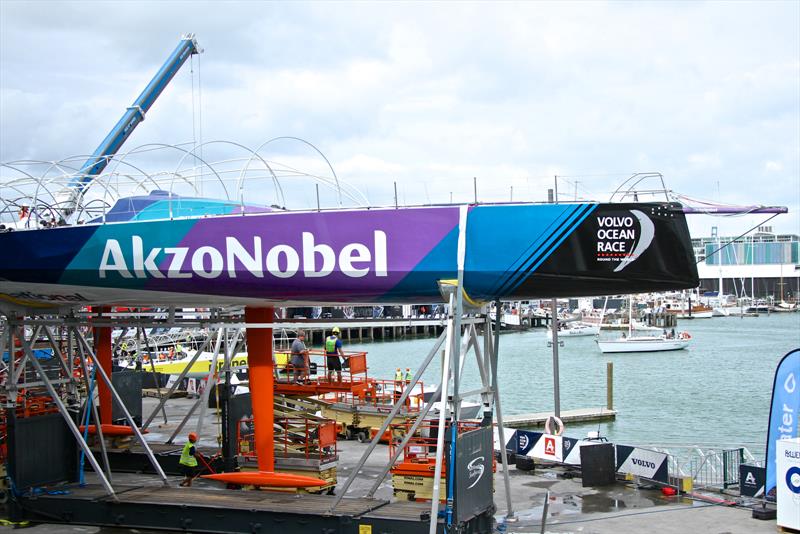 The unusual bow angle of the VO65 is apparent - Volvo Ocean Race - Auckland Stopover after Leg 6 Finish, Auckland, February 28, photo copyright Richard Gladwell taken at  and featuring the Volvo One-Design class