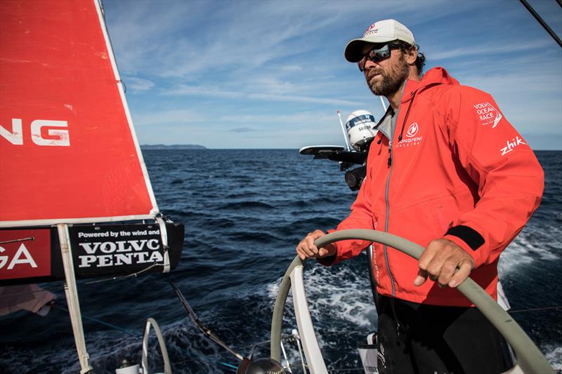 Leg 6 to Auckland, Day 21 on board Dongfeng. Daryl Wislang happy to arrive in his garden. 26 February,  photo copyright Martin Keruzore / Volvo Ocean Race taken at  and featuring the Volvo One-Design class