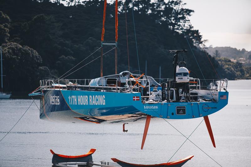 Vestas 11th Hour Racing is lifted off her cradle and is lowered keel-less into the water at Hobsonville - photo © Vestas 11th Hour Racing