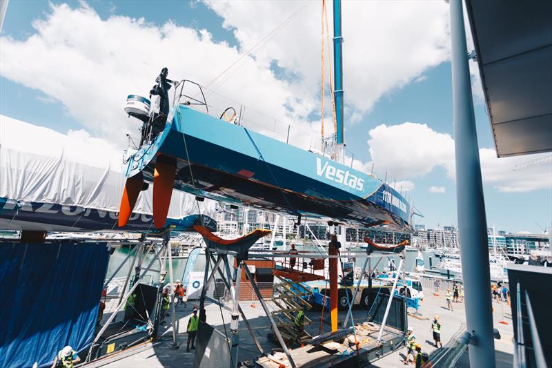 Vestas 11th Hour Racing is offered onto her keel at Viaduct Harbour, Auckland photo copyright Vestas 11th Hour Racing taken at  and featuring the Volvo One-Design class