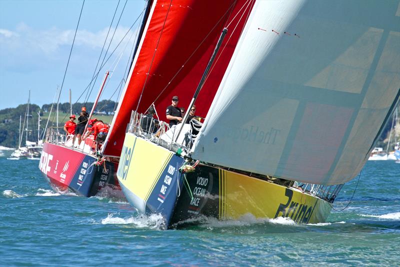Burling (Brunel) leads Tuke (MAPFRE) Volvo Ocean Race - Auckland Stopover In Port Race, Auckland, March 10, photo copyright Richard Gladwell taken at  and featuring the Volvo One-Design class