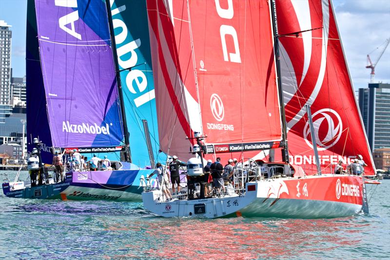 DongFeng eases over the top of AzkoNobel to take the lead - Volvo Ocean Race - Auckland Stopover In Port Race, Auckland, March 10, photo copyright Richard Gladwell taken at  and featuring the Volvo One-Design class