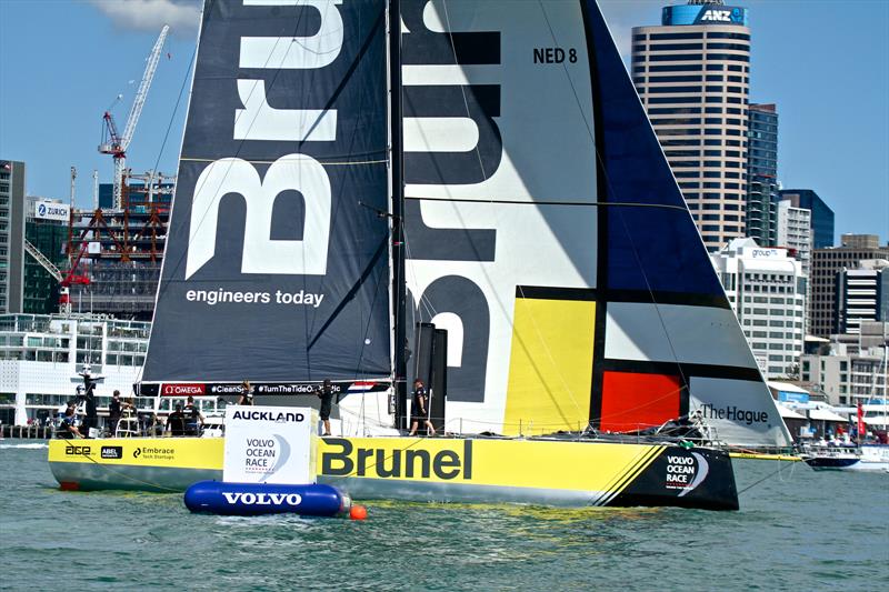 Peter Burling at the helm of Team Brunel - Volvo Ocean Race - Auckland Stopover In Port Race, Auckland, March 10, photo copyright Richard Gladwell taken at  and featuring the Volvo One-Design class