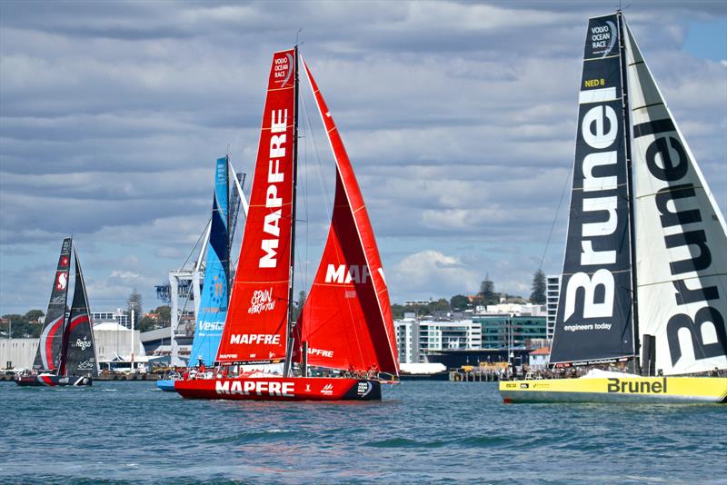 Scallywag, Vestas 11th Hour Racing, MAPFRE and Brunel line up for the finish - Volvo Ocean Race - Auckland Stopover In Port Race, Auckland, March 10, photo copyright Richard Gladwell taken at  and featuring the Volvo One-Design class