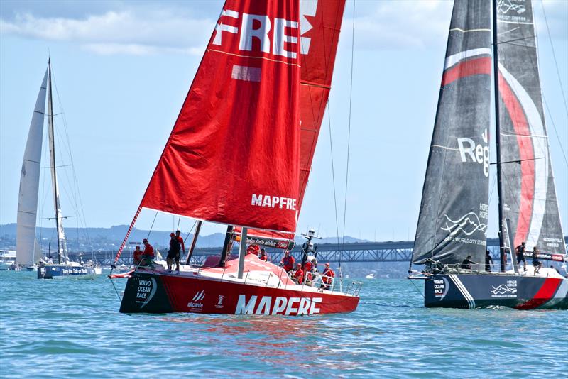 MAPFRE and Scallywag struggle in the light breeze while behind Turn the Tide on Plastic brings up a breeze of her own - Volvo Ocean Race - Auckland Stopover In Port Race, Auckland, March 10, photo copyright Richard Gladwell taken at  and featuring the Volvo One-Design class
